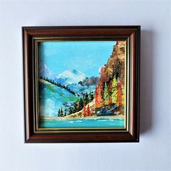 Forest mountain landscape, Miniature painting acrylic, Small wall decor, Mountain lake landscape painting, Impasto art