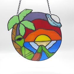 ufo suncatcher, ufo stained glass, stained glass window hangings, alien ocean wave palm, alien stained glass suncatcher
