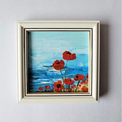 Small landscape paintings, Poppy wall art, Small coastal wall art, Mimi painting, Acrylic framed art, Miniature painting