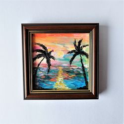 A sunset painting, Small wall decor, Miniature painting acrylic, Sunset painting landscape, Small coastal wall art