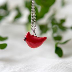 Ceramic red cardinal necklace Cardinal bird pendant Birdlover gift Whimsical ceramics Handmade jewelry