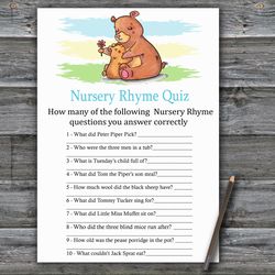 Bear Nursery rhyme quiz baby shower game card,Woodland Baby shower games printable,Fun Baby Shower Activity--383