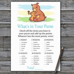 Bear What's in your purse game,Woodland Baby shower games printable,Fun Baby Shower Activity,Instant Download-383