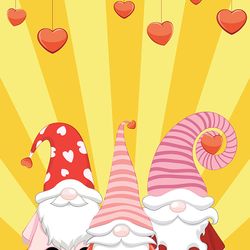 three valentine gnomes with hearts