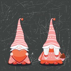 Cartoon couple of gnomes with hearts, Valentines day illustration