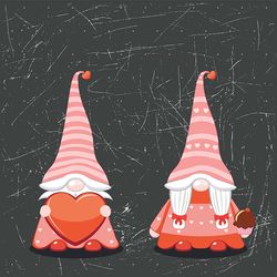 cartoon couple of gnomes with hearts, valentines day illustration