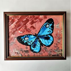 Butterfly framed art, Blue and brown wall art, Framed art, Texture painting on canvas, Impasto painting for sale