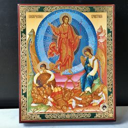 Resurrection  of Jesus with Relic Stone From Holy Land | High quality lithography print on wood | Size: 14 x 11 cm