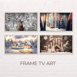 Samsung Frame TV Art | Set Of 4 Winter Christmas Snowy Forest Arts For The Frame Tv | Digital Art Frame Tv