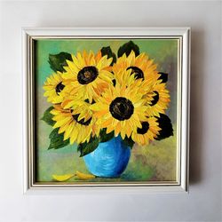 Impasto sunflower painting, A bouquet of sunflowers, Sunflower canvas wall art, Bright floral wall art, Framed art