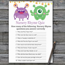 Monster Nursery rhyme quiz baby shower game card,Little Monster Baby shower games printable,Fun Baby Shower Activity-382