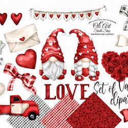 Set of Valentines clipart element. Gnome, Truck Clip Art. Seamless Patterns. Hand Drawn graphics. OliArtStudioShop