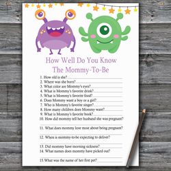 Monster How well do you know baby shower game card,Little Monster Baby shower games printable,Fun Baby Shower Activity