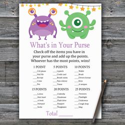 Monster What's in your purse game,Little Monster Baby shower games printable,Fun Baby Shower Activity,Instant Download