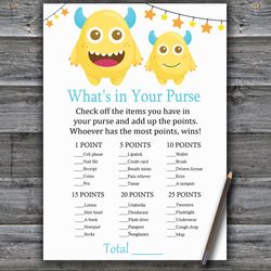 Little Monster What's in your purse game,Monster Baby shower games printable,Fun Baby Shower Activity,Instant Download