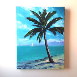 Palm Tree Original Oil Painting, Landscape Wall Art, Seascape Artwork