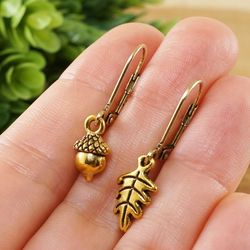 Gold Acorn Oak Leaf Mismatched Earrings Golden Woodland Botanical Forest Nature Asymmetric Mono Earrings Jewelry 7689