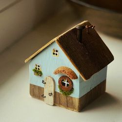 tiny blue wooden house, house miniature, driftwood art, eco home decor, small wood house, blue little house