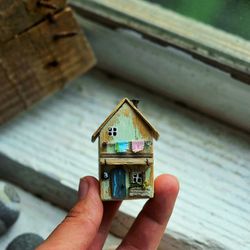 tiny green wooden houses, driftwood art, small house, housewarming gift, house miniature, eco gift, green wood house