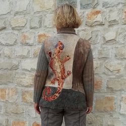 felted jacket, flees jacket, jacket with pockets, knitted sleeves,jacket with a zipper, spring jacket, beige,  brown