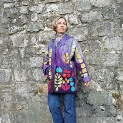 Felted jacket, oversize jacket with pockets, dark gray, violet,yellow, natural silk,floral ornament, gift for her