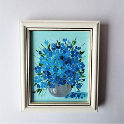 Small wall decor, Blue flower wall art, Flower bouquet art, Blue accent wall bedroom, Acrylic framed art, Mini painting