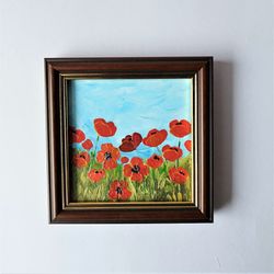 Very small wall art, Poppy wall art, Mini painting, Acrylic framed art, Impasto paintings, Floral paintings, Impasto art