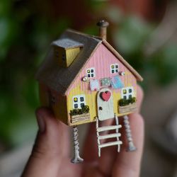 tiny pink wooden stilts house, house miniature, driftwood art, eco home decor, small wood house, pinc little house