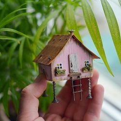 tiny pink wooden stilts house, house miniature, driftwood art, eco home decor, small wood house, pinc little house