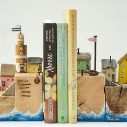 Driftwood art book ends, sea town, unusual eco gift, small sea village, housewarming gift, tiny houses, little house
