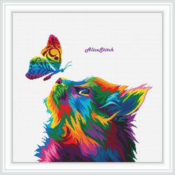 Cross stitch pattern Art Cat Butterfly Silhouette Animal Insect Rainbow Abstract feline counted crossstitch pattern PDF