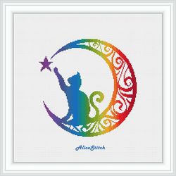 Cross stitch pattern Cat Crescent Silhouette Ornament Rainbow animal abstract feline counted crossstitch pattern PDF