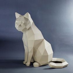 cat paper craft, digital template, origami, pdf download diy, low poly, trophy, sculpture, model