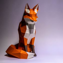 fox paper craft, digital template, origami, pdf download diy, low poly, trophy, sculpture, 3d model