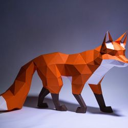 fox walk paper craft, digital template, origami, pdf download diy, low poly, trophy, sculpture, 3d model