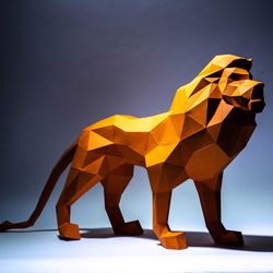 lion paper craft, digital template, origami, pdf download diy, low poly, trophy, sculpture, 3d model