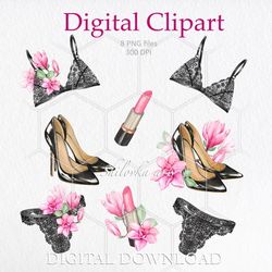 lingerie set. magnolia flowers, clipart png. digital download.