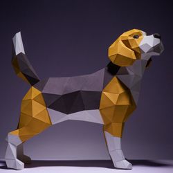 beagle dog paper craft, digital template, origami, pdf download diy, low poly, trophy, sculpture, model
