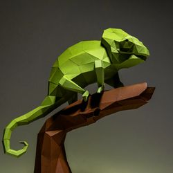chameleon paper craft, digital template, origami, pdf download diy, low poly, trophy, sculpture, model