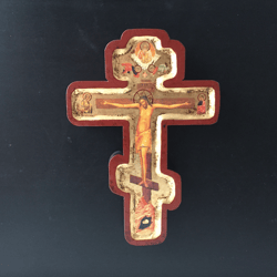 The cross with a Crucifix is 24 x 17 x2 cm. Wooden base, hand gilding, with ark, eight-pointed cross shape.
