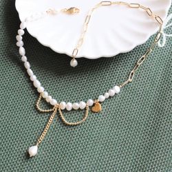 gold paper clip chain and pearls half and half necklace