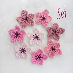 Sakura flowers appliques, Pink Cherry blossoms, Set of 8 flowers, Spring flowers, Crochet  Mini Flower