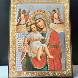 Russian icon Mother of God the Worthy | Large XLG Silver Gold foiled icon on wood | Catholic icon | Size: 15 7/8" x 13"