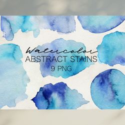 Watercolor Abstract Navy Blue Stains / Watercolor Spots / Watercolor Splashes / Hand Painted Textures Background PNG