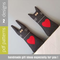 Stuffed animals sewing patterns PDF black cat and rabbit, 2 sewing tutorials, Halloween dolls patterns