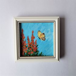 Butterfly wall art framed, Miniature painting acrylic, Floral paintings, Flower painting acrylic, Small wall decor