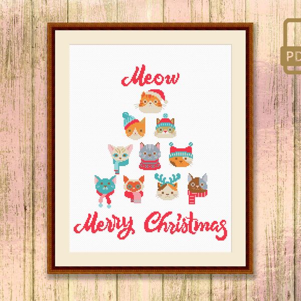 Meow Merry Christmas Cross Stitch Pattern, Meow Christmas Cross Stitch, Merry Christmas Pattern, Christmas Cats Cross Stitch Pattern #mch_019