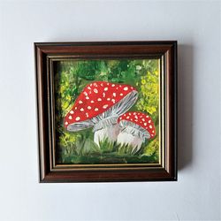 Mushroom painting acrylic, A toadstool, Fly agaric drawing, Toadstool picture, Very small wall art, Mini painting