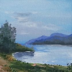 Lake painting Twilight on the lake  4x4inches  Original  Painting on cardboard Wall art Landscape art Mountains painting