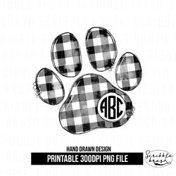 Black and White Plaid Dog Paw Print Circle Monogram Sublimation PNG Design